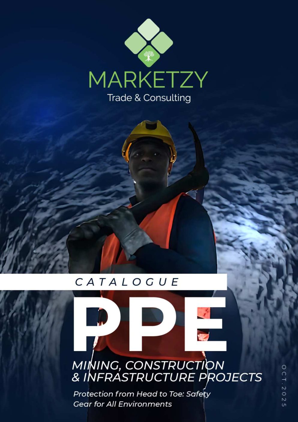 Cover of the Marketzy PPE catalogue, showing a miner in a hard hat and high-visibility vest