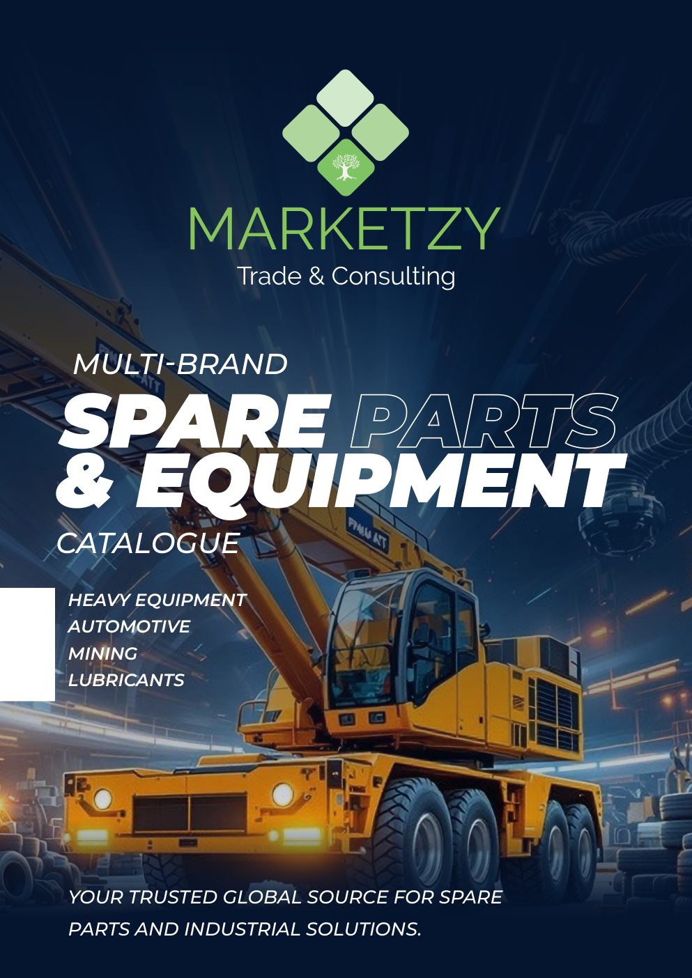 Cover of the Marketzy multi-brand spare parts and equipment catalogue, showing a yellow mobile crane